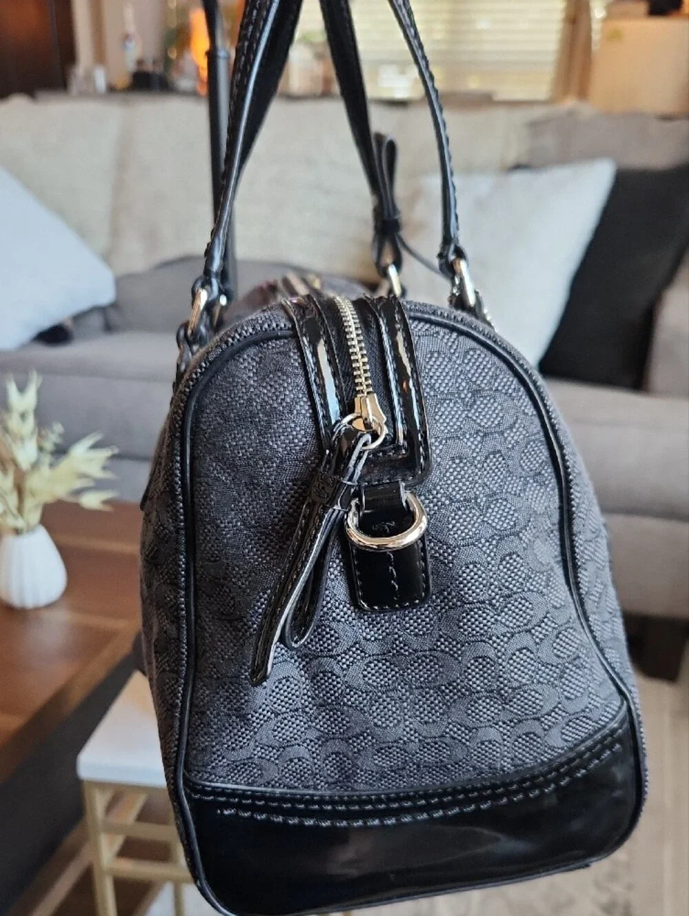 Coach Poppy Signature C Mini Oxford Satchel in dark grey and black